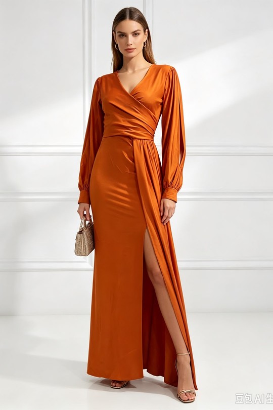 6898 robe longue avec manches-TERRACOTTA