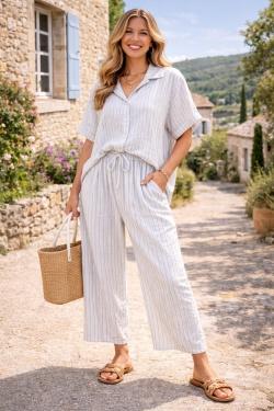 GZ100 SET AZUR RAYURES FINES BLANCHES-BEIGE