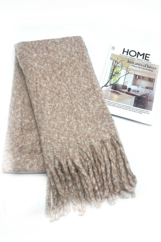 HH-338 ECHARPE ULTRA DOUCE UNI MOUCHETÉ AVEC GROSSE FRANGE -BEIGE
