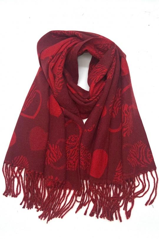 HH-356 ECHARPE MOTIF COEUR REVERSIBLE-ROUGE