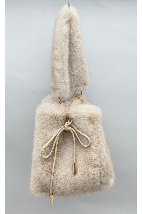 BXY-19773 – Sac seau en fausse fourrure avec anse fourrure et cordon coulissant-BEIGE