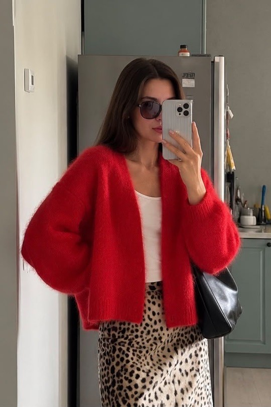 19022 - Gilet cardigan en mohair effet poilu-ROUGE