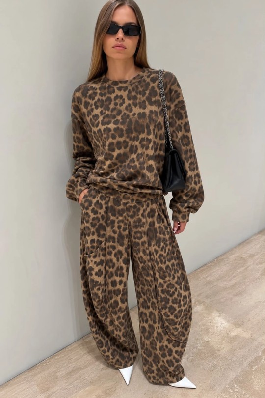 36043L - Pantalon jogging femme coupe barrel imprimé leopard-LEOPARD