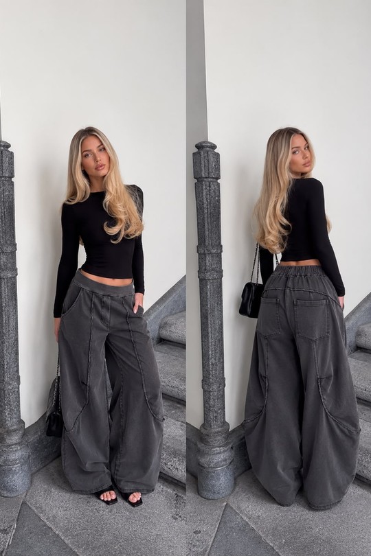 36071B - Pantalon délavé coupe barrel à coutures apparentes-GRIS