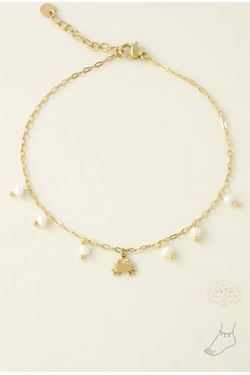 A0928A-10 Bracelet de cheville en acier inoxydable – perles d’eau douce & pendentif crabe-BLANC