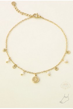 A0924A-10 Bracelet de cheville avec perles d'eau douce  et pampilles – acier inoxydable doré-BLANC