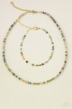 A0721B-N Parure bracelet et collier en acier inoxydable doré avec perles et pierres naturelles-MULTICOULEUR