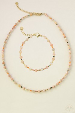 A0723B-N Parure bracelet et collier en acier inoxydable doré avec perles rocailles et pierres naturelles-ROSE