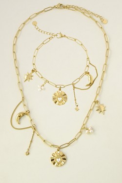 A0821B-N Parure bracelet et collier en acier inoxydable doré avec pendentifs et perles d’eau douce-BLANC