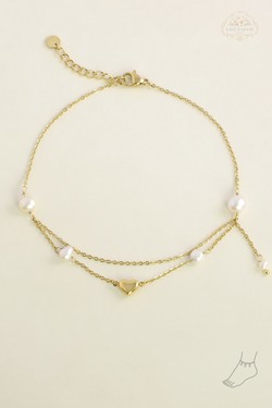 A0817A-Bracelet de cheville en acier inoxydable doré avec pendentif cœur et perles d’eau douce-DORÉ