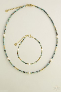 A0704B-N Parure collier et bracelet en acier inoxydable doré avec pierres naturelles et perles d’eau douce-JAUNE