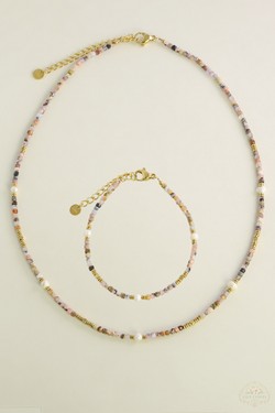 A0704B-N Parure collier et bracelet en acier inoxydable doré avec pierres naturelles et perles d’eau douce-JAUNE