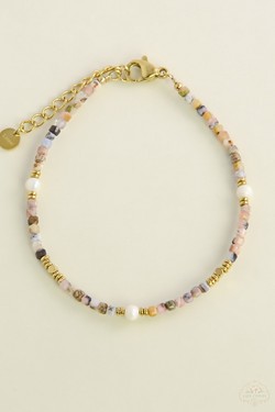 A0704B-N Parure collier et bracelet en acier inoxydable doré avec pierres naturelles et perles d’eau douce-JAUNE