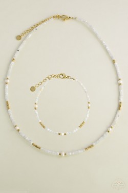 A0704B-N Parure collier et bracelet en acier inoxydable doré avec pierres naturelles et perles d’eau douce-JAUNE