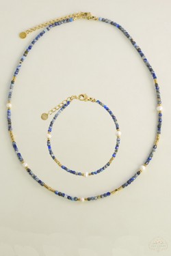 A0704B-N Parure collier et bracelet en acier inoxydable doré avec pierres naturelles et perles d’eau douce-JAUNE