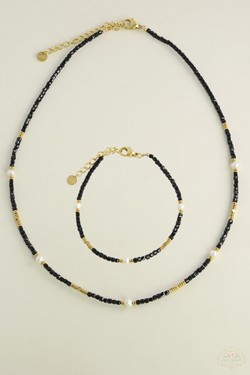 A0704B-N Parure collier et bracelet en acier inoxydable doré avec pierres naturelles et perles d’eau douce-JAUNE