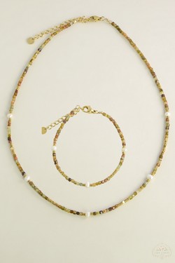 A0704B-N Parure collier et bracelet en acier inoxydable doré avec pierres naturelles et perles d’eau douce-JAUNE