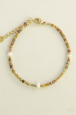 A0704B-N Parure collier et bracelet en acier inoxydable doré avec pierres naturelles et perles d’eau douce-JAUNE