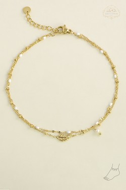 A0836A-10 Bracelet de cheville 2 rangs en acier inoxydable avec chaîne émaillée et perle d’eau douce-BLANC