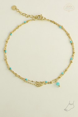 A0836A-Bracelet de cheville 2 rangs en acier inoxydable avec chaîne émaillée et pierre naturelle-VERT