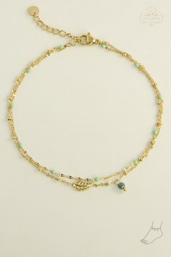 A0836A-Bracelet de cheville 2 rangs en acier inoxydable avec chaîne émaillée et pierre naturelle-VERT