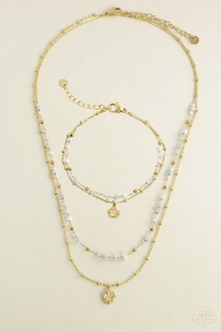 A0890B-N Parure collier et bracelet 2 rangs dorés en acier inoxydable avec pierres naturelles-BLEU