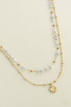 A0890B-N Parure collier et bracelet 2 rangs dorés en acier inoxydable avec pierres naturelles-BLEU