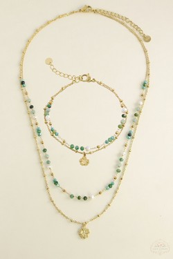 A0890B-N Parure collier et bracelet 2 rangs dorés en acier inoxydable avec pierres naturelles-BLEU