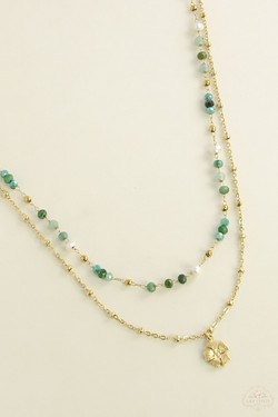 A0890B-N Parure collier et bracelet 2 rangs dorés en acier inoxydable avec pierres naturelles-BLEU