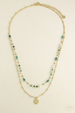 A0890B-N Parure collier et bracelet 2 rangs dorés en acier inoxydable avec pierres naturelles-BLEU