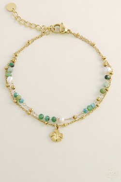 A0890B-N Parure collier et bracelet 2 rangs dorés en acier inoxydable avec pierres naturelles-BLEU