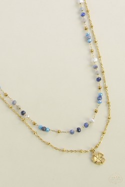 A0890B-N Parure collier et bracelet 2 rangs dorés en acier inoxydable avec pierres naturelles-BLEU
