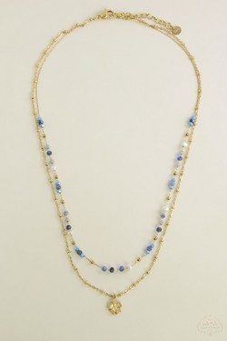 A0890B-N Parure collier et bracelet 2 rangs dorés en acier inoxydable avec pierres naturelles-BLEU