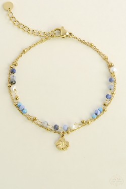 A0890B-N Parure collier et bracelet 2 rangs dorés en acier inoxydable avec pierres naturelles-BLEU