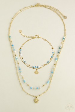 A0890B-N Parure collier et bracelet 2 rangs dorés en acier inoxydable avec pierres naturelles-BLEU