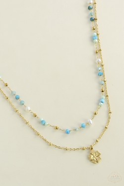 A0890B-N Parure collier et bracelet 2 rangs dorés en acier inoxydable avec pierres naturelles-BLEU