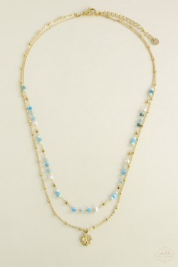 A0890B-N Parure collier et bracelet 2 rangs dorés en acier inoxydable avec pierres naturelles-BLEU
