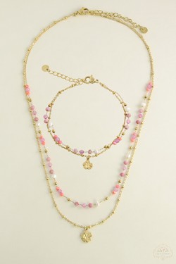 A0890B-N Parure collier et bracelet 2 rangs dorés en acier inoxydable avec pierres naturelles-BLEU
