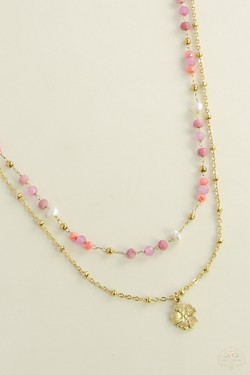 A0890B-N Parure collier et bracelet 2 rangs dorés en acier inoxydable avec pierres naturelles-BLEU