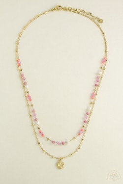 A0890B-N Parure collier et bracelet 2 rangs dorés en acier inoxydable avec pierres naturelles-BLEU