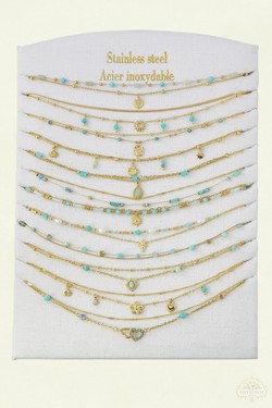 1603-14 Lot de 12 colliers en acier inoxydable doré – pierres naturelles & autres matériaux-TUQUOISE