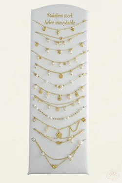 902-10 Lot de 12 bracelets de cheville en acier inoxydable doré Perles d’eau douce & autres matériaux-BLANC