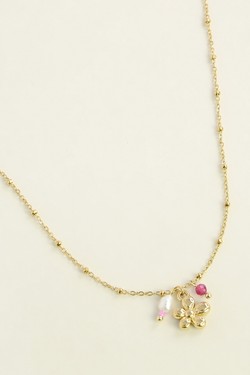 A0913N-Collier en acier inoxydable doré fleur, perle d’eau douce et perles roses-DORÉ