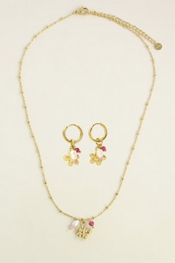 A0913E-N Parure collier et boucles d’oreilles en acier inoxydable doré fleur, perle d’eau douce et perles roses-DORÉ