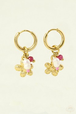 A0913E-N Parure collier et boucles d’oreilles en acier inoxydable doré fleur, perle d’eau douce et perles roses-DORÉ