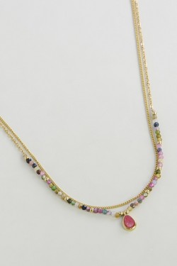 AL0674N-Collier 2 rangs en acier inoxydable doré et pierres naturelles-VERT FONCÉ