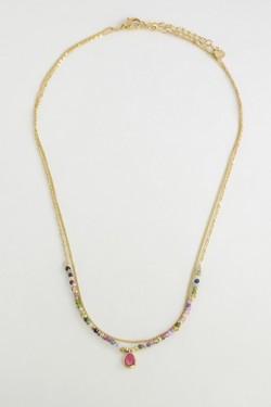 AL0674N-Collier 2 rangs en acier inoxydable doré et pierres naturelles-VERT FONCÉ