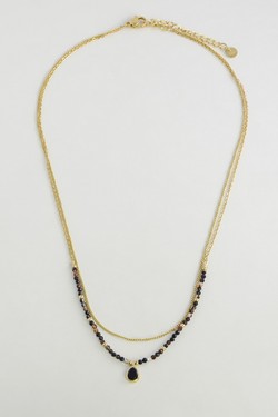 AL0674N-Collier 2 rangs en acier inoxydable doré et pierres naturelles-VERT FONCÉ
