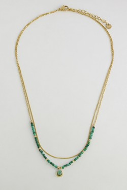 AL0674N-Collier 2 rangs en acier inoxydable doré et pierres naturelles-VERT FONCÉ