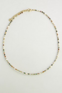 A0725N-Collier en acier inoxydable doré, pierres naturelles et petites perles d’eau douce-MULTICOULEUR